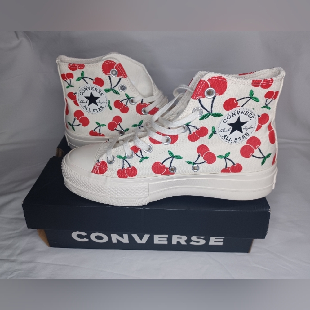 Converse Women's White and Red High-Top Sneakers - Picture 8 of 11